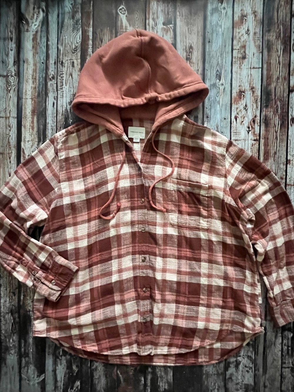 American Eagle Pink & Cream Plaid Flannel Hoodie Top